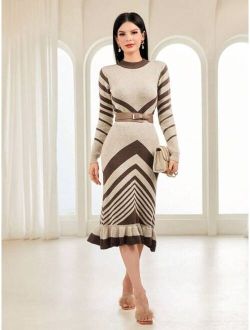 SHEIN Mulvari Chevron Pattern Ruffle Hem Sweater Dress Without Belt