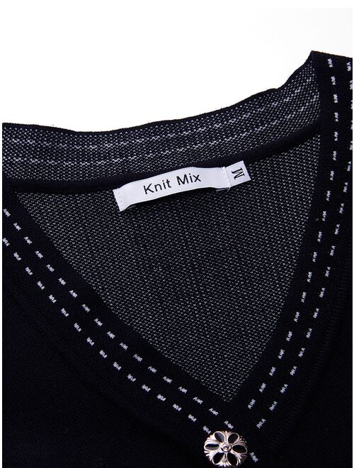 Knit Mix Button Front Whipstitch Detail Sweater Dress