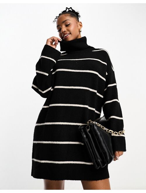 Pull&Bear knitted roll neck sweater dress in black stripe