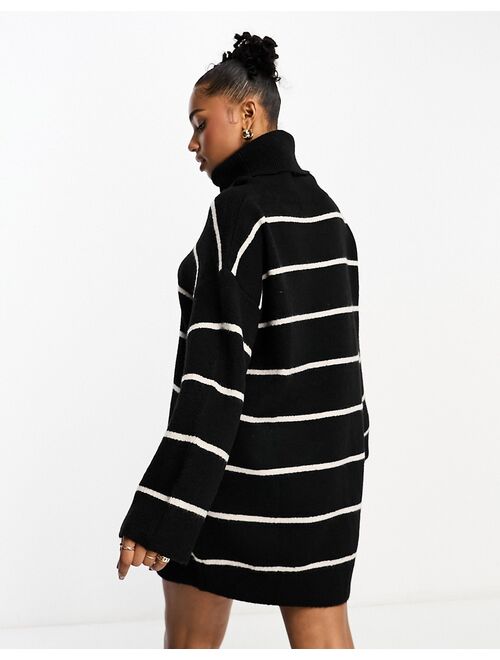 Pull&Bear knitted roll neck sweater dress in black stripe