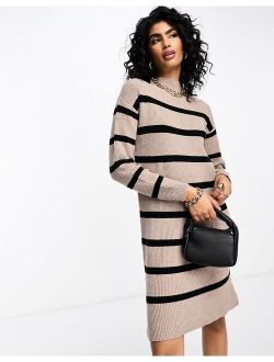 Vila high neck knit mini sweater dress in mushroom stripe