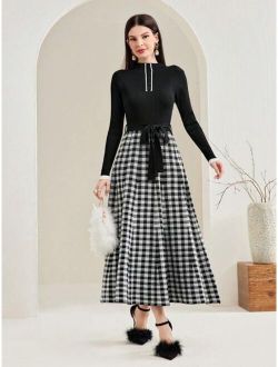 SHEIN Modely Lady s Elegant Plaid Knitted Waist cinched Dress