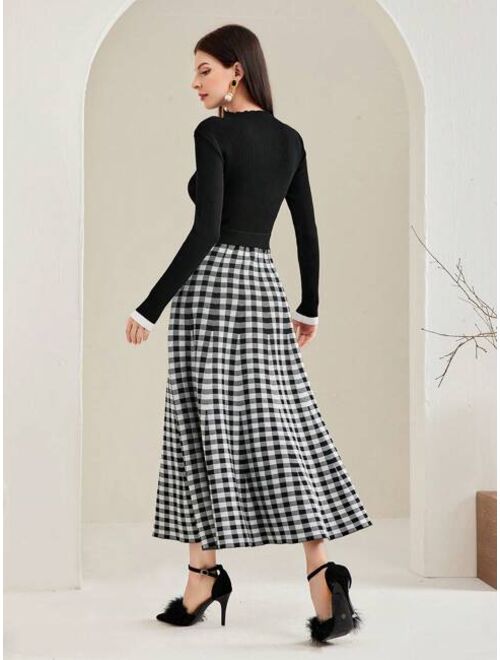 SHEIN Modely Lady s Elegant Plaid Knitted Waist cinched Dress