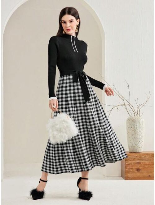 SHEIN Modely Lady s Elegant Plaid Knitted Waist cinched Dress