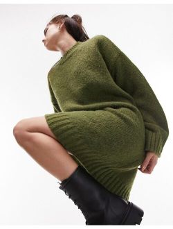 knitted crew neck mini sweater dress in khaki