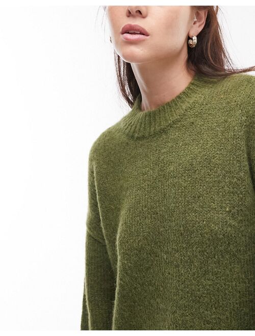 Topshop knitted crew neck mini sweater dress in khaki