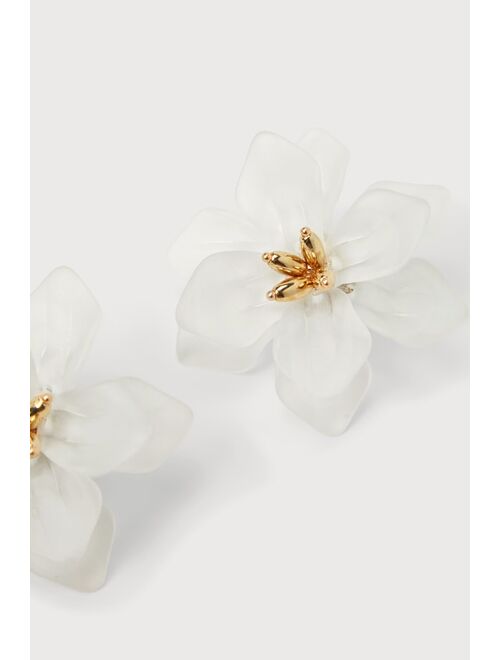 Lulus Blissful Blooming White and Gold Flower Statement Earrings