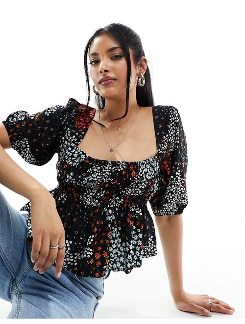 ASOS DESIGN long sleeve shirred square neck top in ditsy print
