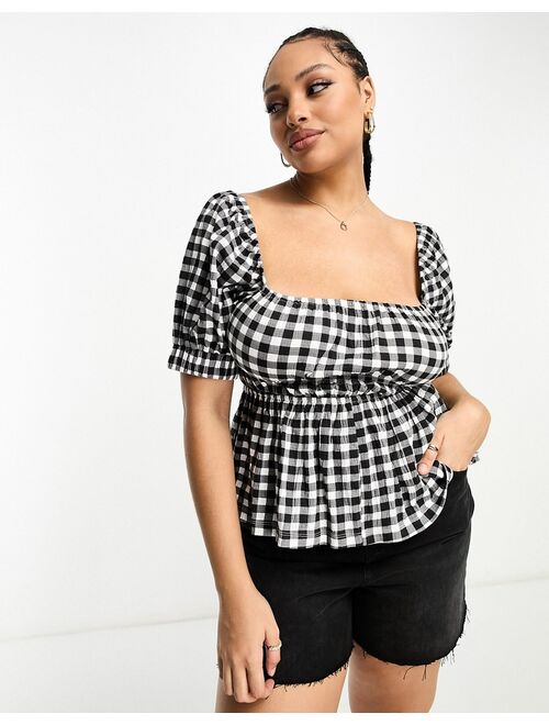 ASOS Curve ASOS DESIGN Curve puff sleeve textured smock blouse in gingham