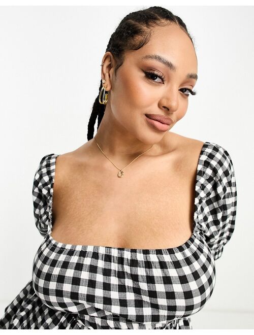 ASOS Curve ASOS DESIGN Curve puff sleeve textured smock blouse in gingham