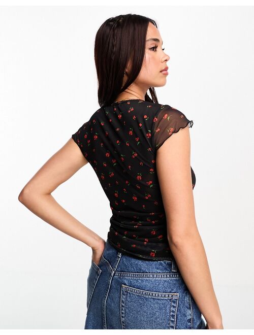 ASOS DESIGN mesh mix short sleeve top with ruching in black ditsy floral