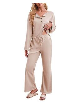 Women Waffle Knit Pajamas Lounge-Set 2 Piece Outfits Pullover Top and Pants Loungewear Matching Sweatsuits with Pockets