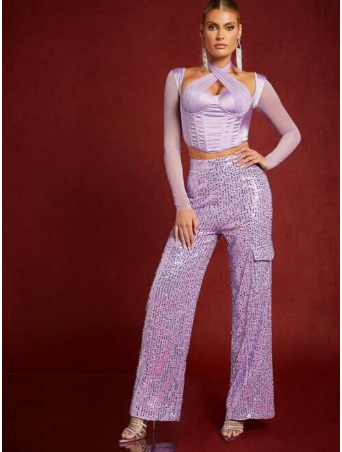 SHEIN Mienne Pocket Patched Sequin Pants