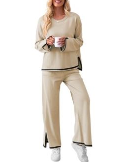 Lounge Sets for Women Oversized 2 Piece Fall Sets Sweater Top Wide Leg Pants Knit Loungewear