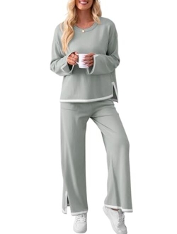 Lounge Sets for Women Oversized 2 Piece Fall Sets Sweater Top Wide Leg Pants Knit Loungewear
