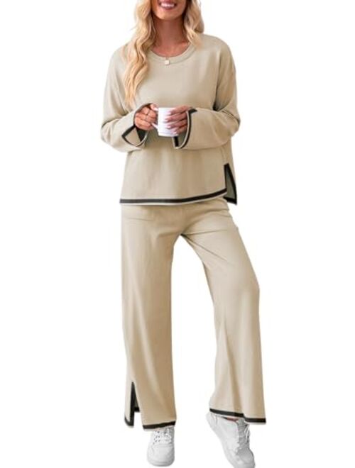MEROKEETY Lounge Sets for Women Oversized 2 Piece Fall Sets Sweater Top Wide Leg Pants Knit Loungewear