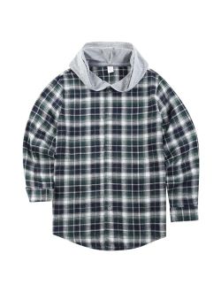 HOOGRIN Unisex Kids Flannel Plaid Shirts Boy Girl Button Down Long Sleeve Shirt with Hood 5-12Years