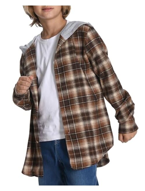 HOOGRIN Unisex Kids Flannel Plaid Shirts Boy Girl Button Down Long Sleeve Shirt with Hood 5-12Years