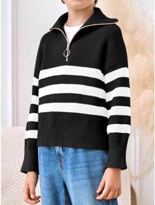 Haloumoning Boys Quarter Zip Striped Sweater Kids Fall Fashion Lapel Rib Knit Pullover Clothes 5-14 Years