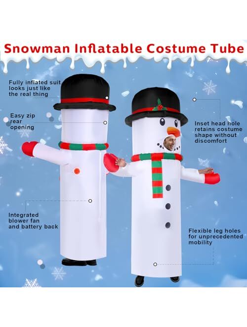 Threan Inflatable Christmas Costumes Snowman Blow up Tube Costume Xmas Wacky Waving Arm with Blower for Adult Men Women