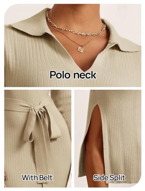 MEROKEETY Women's 2023 Winter Sweater Dress Long Sleeve Polo V Neck Slit Bodycon Midi Dress with Belt