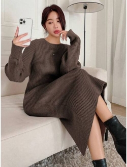 Ribbed Knit Drop Shoulder Sweater Dress