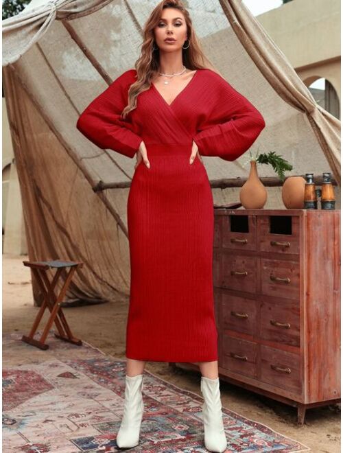 Solid Surplice Neck Cut Out Sweater Dress