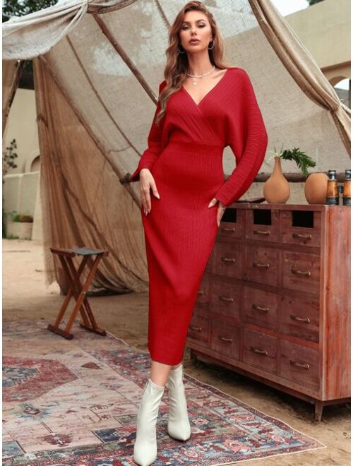 Solid Surplice Neck Cut Out Sweater Dress