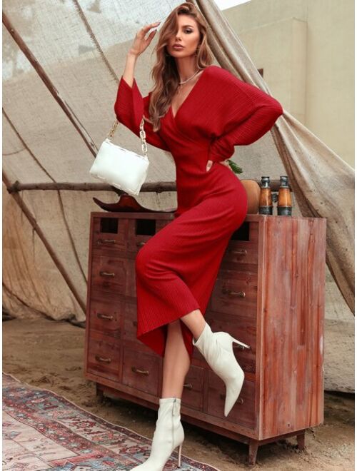 Solid Surplice Neck Cut Out Sweater Dress