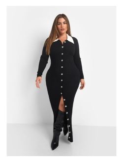 Rebdolls Women's Plus Size Eleanor Knit Contrast Collar Midi Bodycon Dress