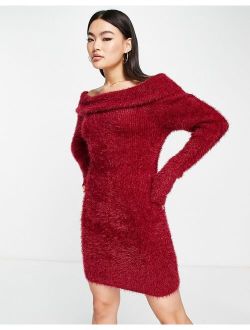 off shoulder sweater dress in fluffy yarn in dark red