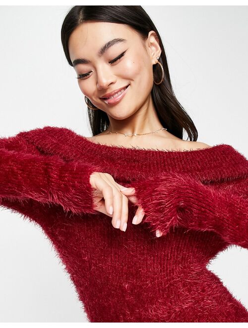 ASOS DESIGN off shoulder sweater dress in fluffy yarn in dark red