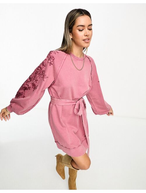 ASOS DESIGN washed belted sweat dress with embroidered sleeves in rose