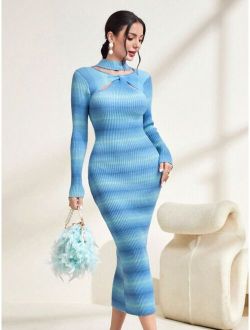 Mulvari Striped Pattern Twist Front Bodycon Sweater Dress