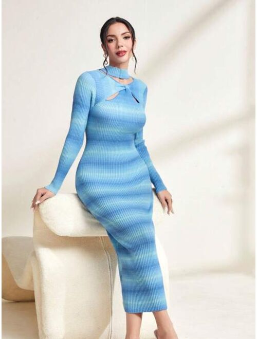 SHEIN Mulvari Striped Pattern Twist Front Bodycon Sweater Dress