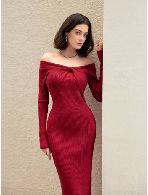 Anewsta Solid Color Twist Off Shoulder Sweater Dress