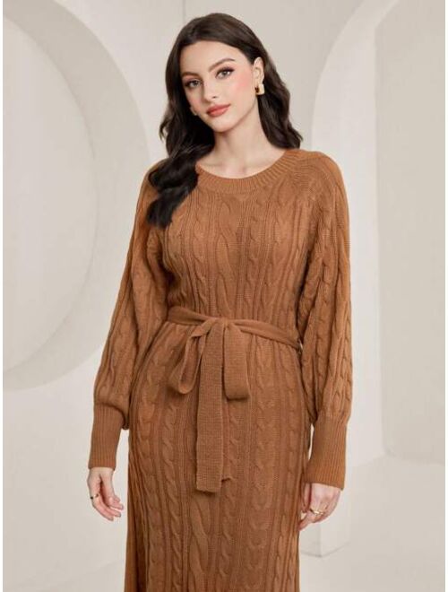 SHEIN Mulvari Cable Knit Belted Sweater Dress