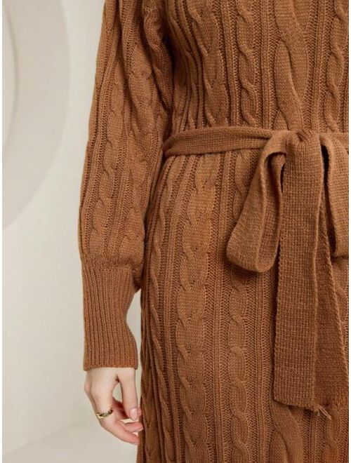 SHEIN Mulvari Cable Knit Belted Sweater Dress