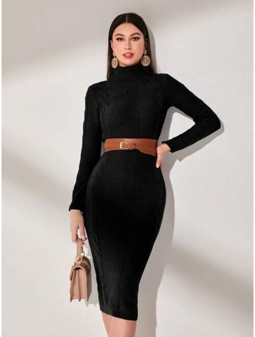SHEIN Modely Turtleneck Cable Knit Sweater Dress Without Belt