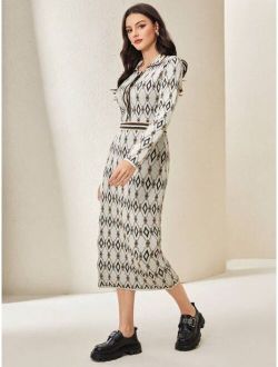 SHEIN Mulvari Allover Print Striped Trim Button Front Sweater Dress