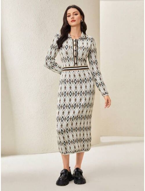 SHEIN Mulvari Allover Print Striped Trim Button Front Sweater Dress