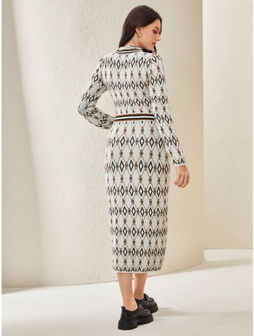 SHEIN Mulvari Allover Print Striped Trim Button Front Sweater Dress