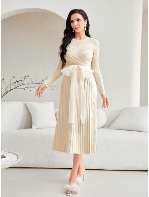 SHEIN Modely Solid Belted Pleated Sweater Dress