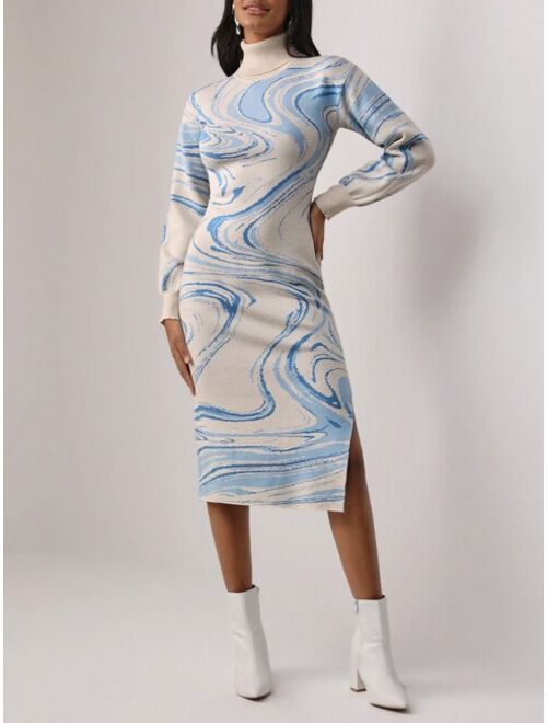 SHEIN STERLING Marble Pattern High Neck Split Thigh Sweater Dress