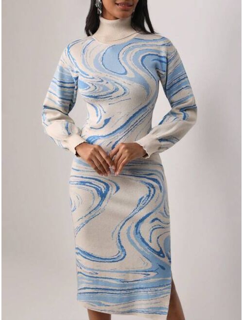 SHEIN STERLING Marble Pattern High Neck Split Thigh Sweater Dress