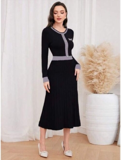 SHEIN Modely Women s Contrast Color Round Neck Button Sweater Dress