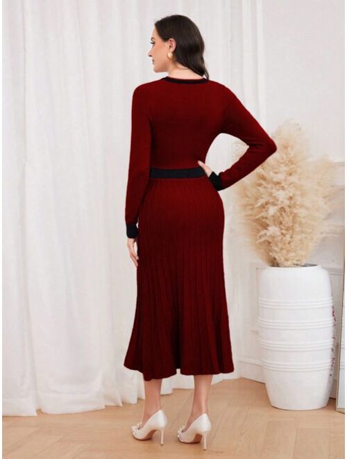 SHEIN Modely Women s Contrast Color Round Neck Button Sweater Dress