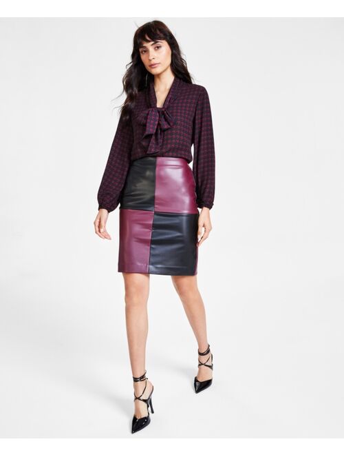 BAR III Women's Faux-Leather Colorblocked Seamed Skirt, Created for Macy's