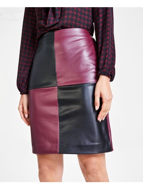 BAR III Women's Faux-Leather Colorblocked Seamed Skirt, Created for Macy's