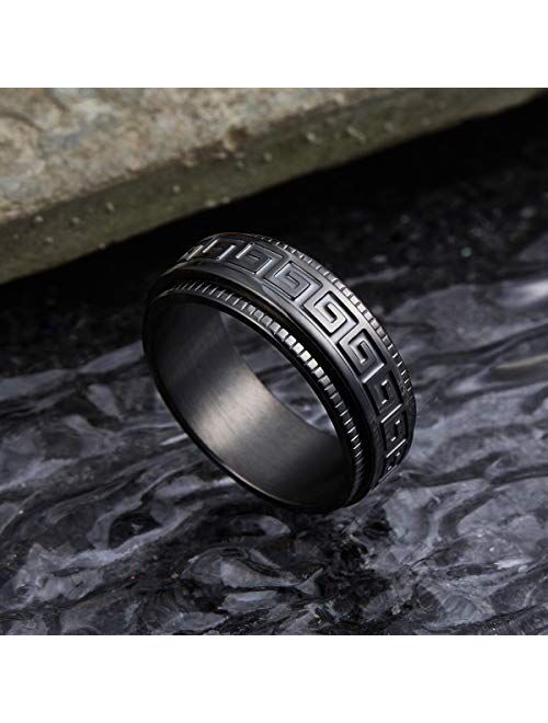 King Will 8mm Black/Silver Spinner Stainless Steel Ring Fidget Ring Anxiety Ring for Men Brushed Greek Key/Viking Pattern/Roman Numerals/Hammered Relieving Stress Ring